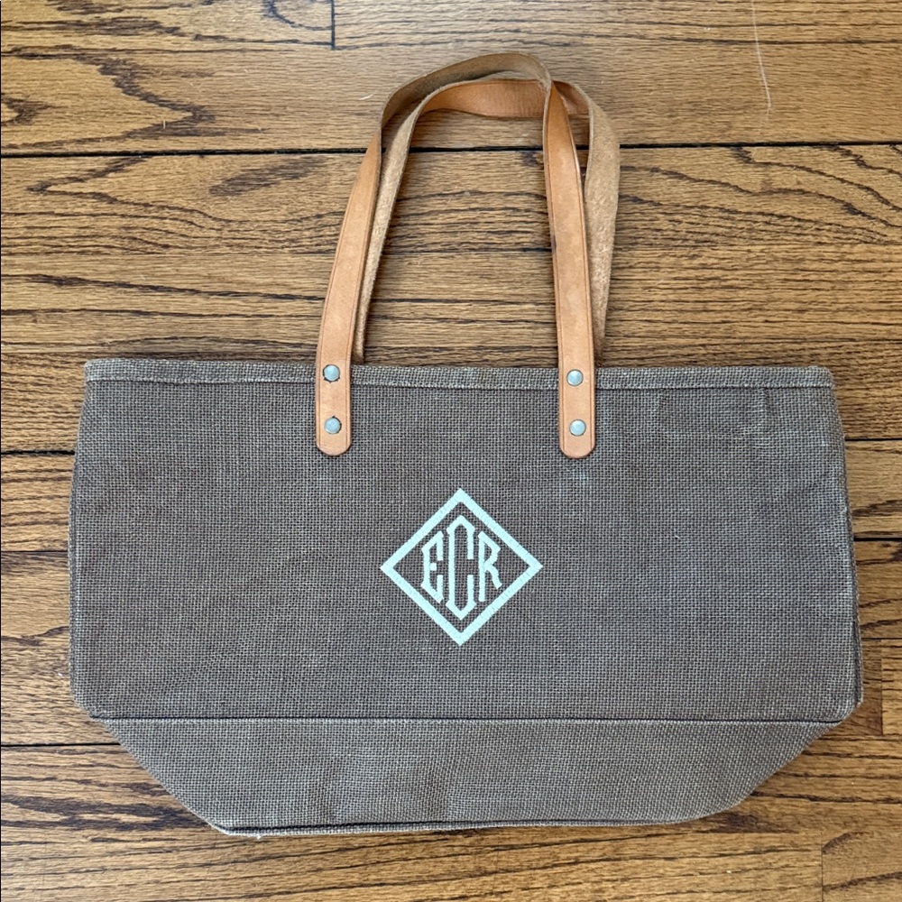 Brown Canvas Tote with Leather Handles - Personalized Monogram